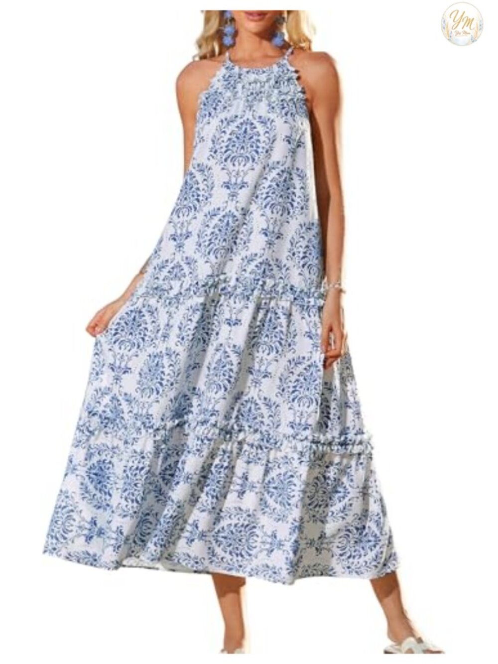 Women's Halter Maxi Dress Boho Floral Tiered Ruffled Summer